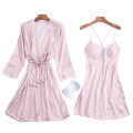 Good Quantity Silk Ladies′ Sexy Nightgown with Breast Pad and Backless Hollow Dress Set